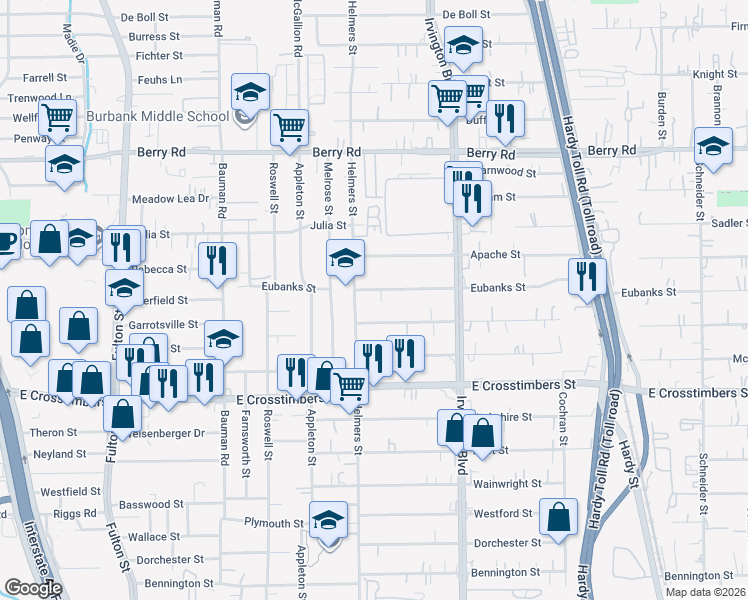map of restaurants, bars, coffee shops, grocery stores, and more near 7720 Helmers Street in Houston