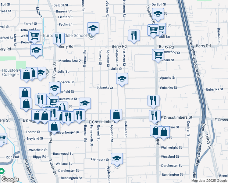 map of restaurants, bars, coffee shops, grocery stores, and more near 7717 Melrose Street in Houston