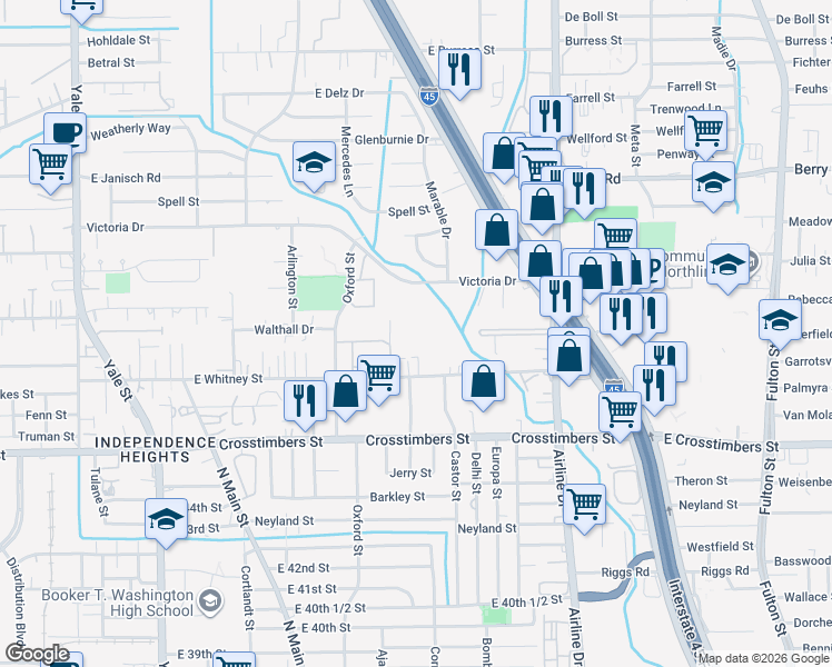map of restaurants, bars, coffee shops, grocery stores, and more near 715 East Whitney Street in Houston