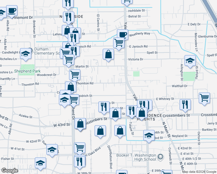 map of restaurants, bars, coffee shops, grocery stores, and more near 413 Thornton Road in Houston