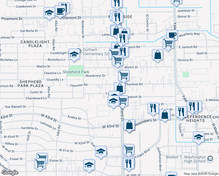 map of restaurants, bars, coffee shops, grocery stores, and more near 4617 North Shepherd Drive in Houston