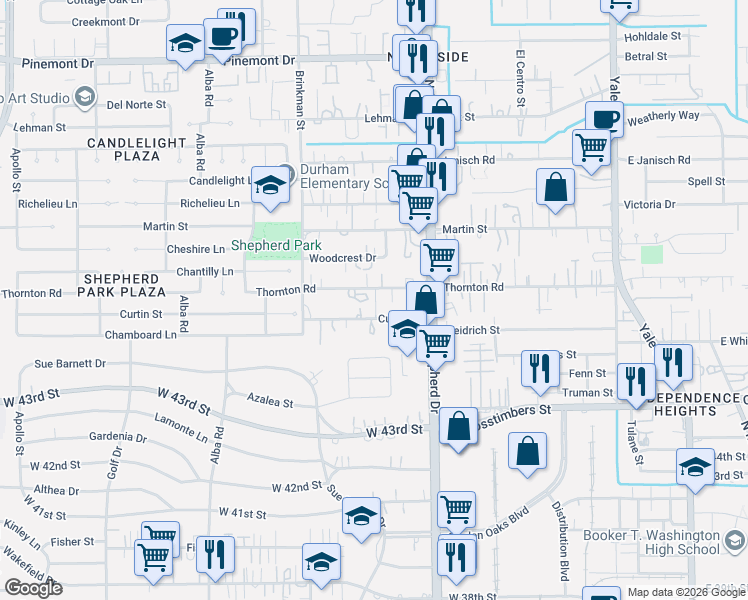 map of restaurants, bars, coffee shops, grocery stores, and more near 814 Curtin Street in Houston