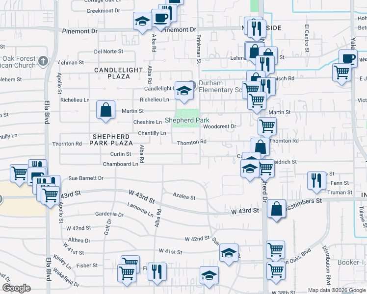 map of restaurants, bars, coffee shops, grocery stores, and more near 971 Thornton Road in Houston