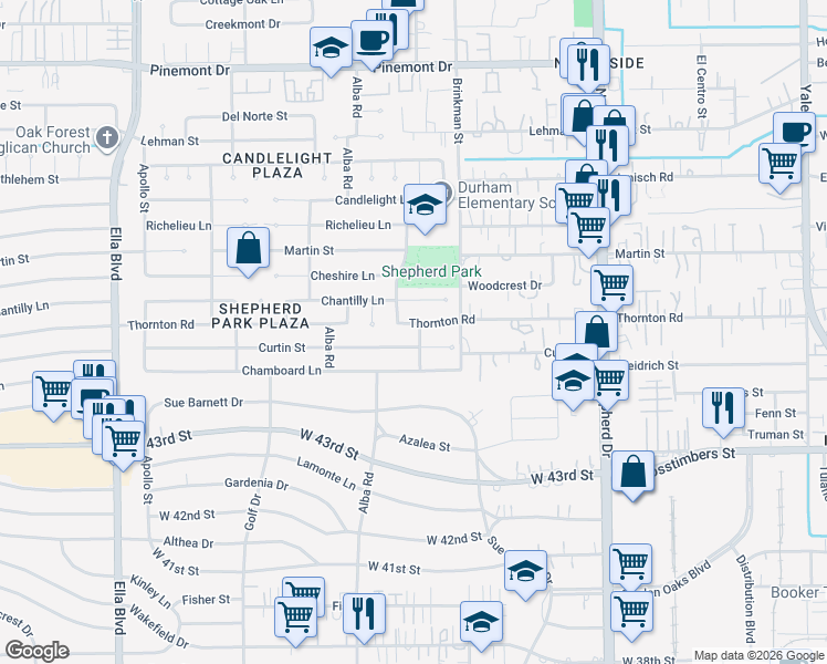 map of restaurants, bars, coffee shops, grocery stores, and more near 971 Thornton Road in Houston