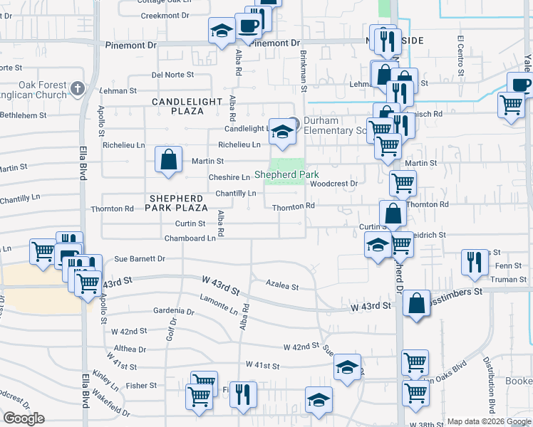 map of restaurants, bars, coffee shops, grocery stores, and more near 4600-4608 Dunsmere Road in Houston