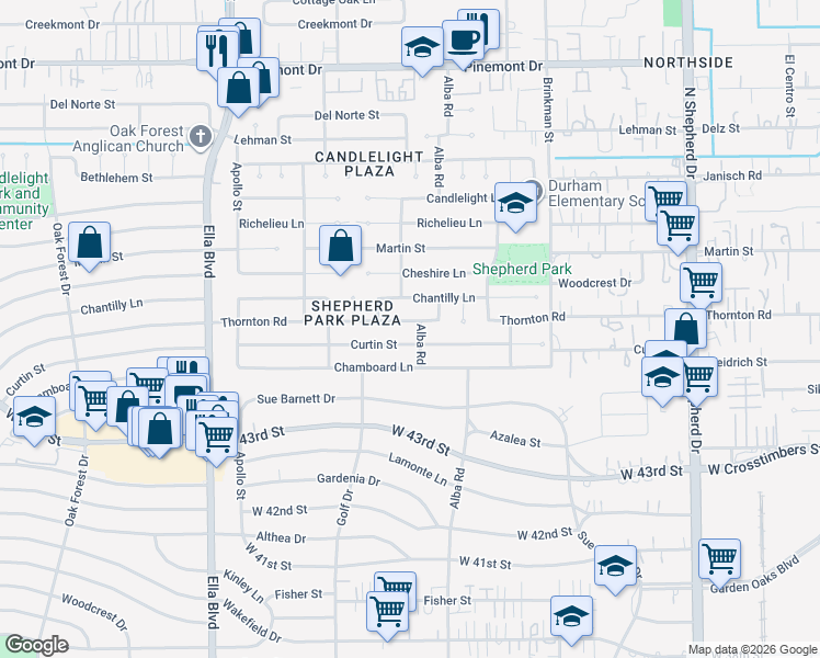 map of restaurants, bars, coffee shops, grocery stores, and more near 1039 Thornton Road in Houston