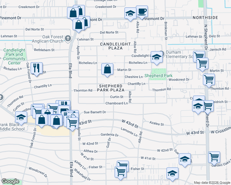 map of restaurants, bars, coffee shops, grocery stores, and more near 1067 Thornton Road in Houston