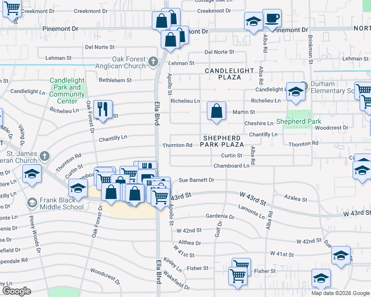 map of restaurants, bars, coffee shops, grocery stores, and more near 1123 Thornton Road in Houston