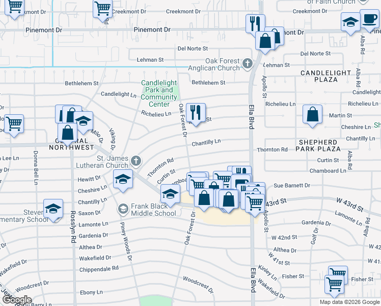 map of restaurants, bars, coffee shops, grocery stores, and more near 1346 Thornton Road in Houston