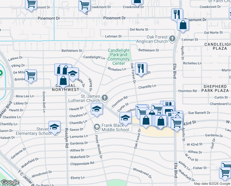 map of restaurants, bars, coffee shops, grocery stores, and more near 1507 Chantilly Lane in Houston