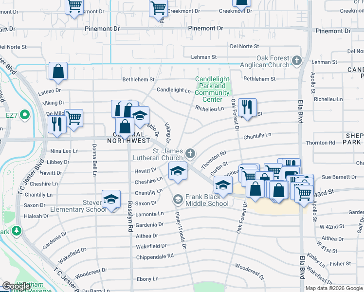 map of restaurants, bars, coffee shops, grocery stores, and more near 1558 Hewitt Drive in Houston