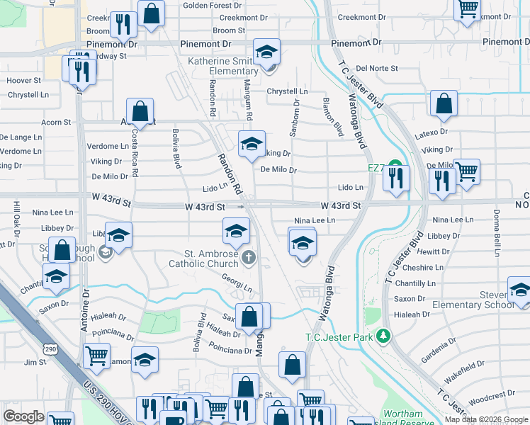 map of restaurants, bars, coffee shops, grocery stores, and more near 4721 West 43rd Street in Houston