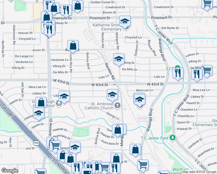 map of restaurants, bars, coffee shops, grocery stores, and more near 5001 West 43rd Street in Houston