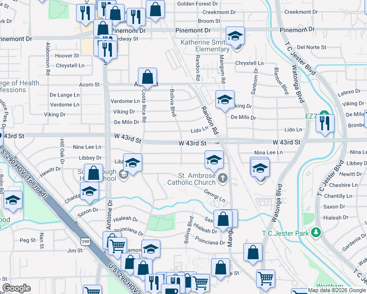 map of restaurants, bars, coffee shops, grocery stores, and more near 5030 Nina Lee Lane in Houston