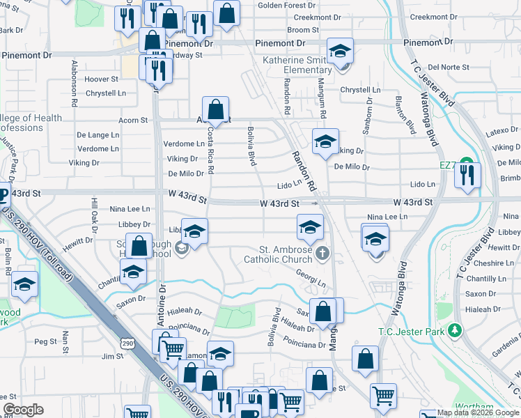 map of restaurants, bars, coffee shops, grocery stores, and more near 5033 West 43rd Street in Houston