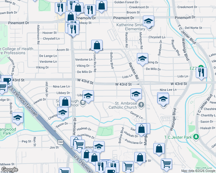 map of restaurants, bars, coffee shops, grocery stores, and more near 5121 West 43rd Street in Houston