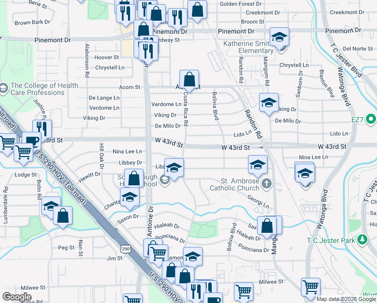 map of restaurants, bars, coffee shops, grocery stores, and more near 5217 West 43rd Street in Houston