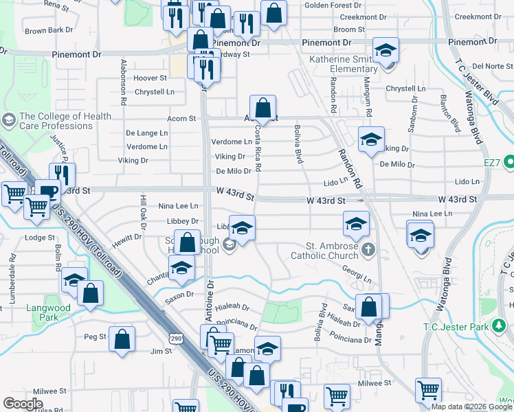 map of restaurants, bars, coffee shops, grocery stores, and more near 5310 Nina Lee Lane in Houston