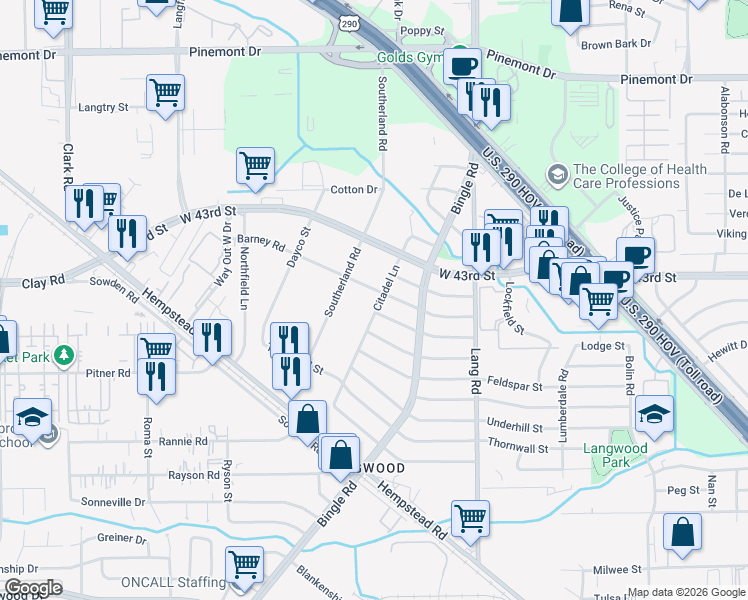 map of restaurants, bars, coffee shops, grocery stores, and more near 4109 Citadel Lane in Houston