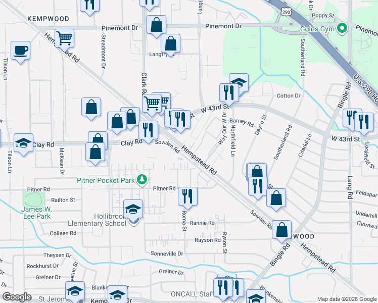map of restaurants, bars, coffee shops, grocery stores, and more near 12642 Hempstead Road in Houston