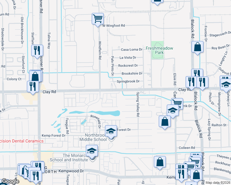 map of restaurants, bars, coffee shops, grocery stores, and more near 9830 Clay Road in Houston