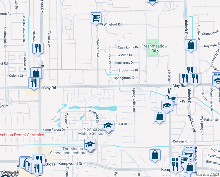 map of restaurants, bars, coffee shops, grocery stores, and more near 9830 Clay Road in Houston