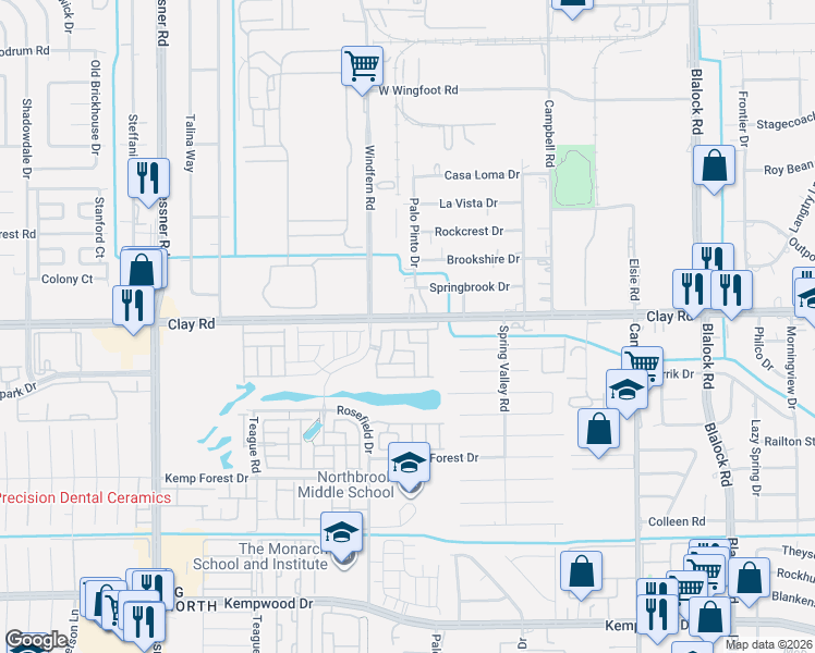 map of restaurants, bars, coffee shops, grocery stores, and more near 9830 Clay Road in Houston
