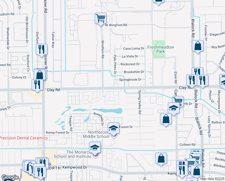 map of restaurants, bars, coffee shops, grocery stores, and more near 9830 Clay Road in Houston