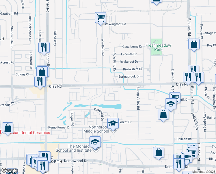 map of restaurants, bars, coffee shops, grocery stores, and more near 9869-9911 Clay Road in Houston