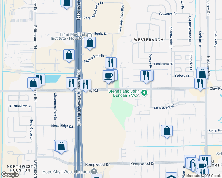 map of restaurants, bars, coffee shops, grocery stores, and more near 10800 Clay Road in Houston