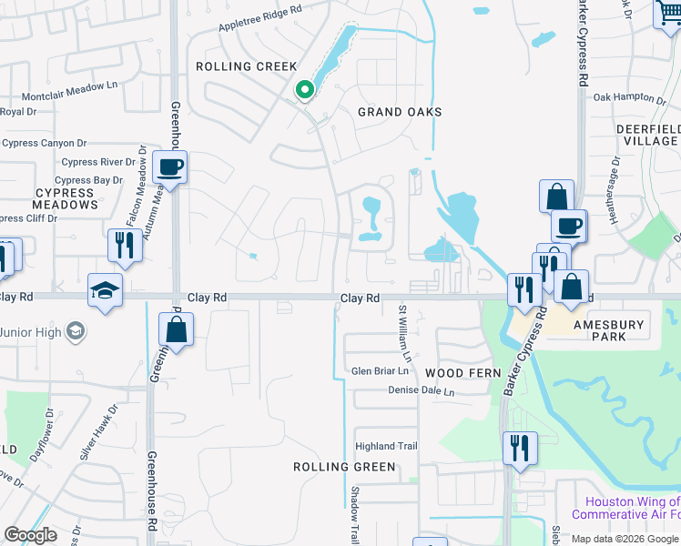 map of restaurants, bars, coffee shops, grocery stores, and more near 4114 Cascade Oaks Court in Houston