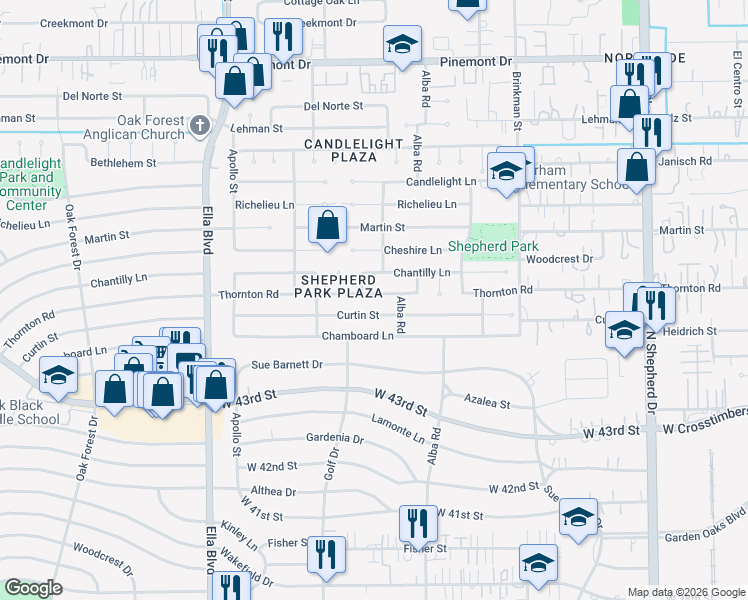 map of restaurants, bars, coffee shops, grocery stores, and more near 1039 Thornton Road in Houston