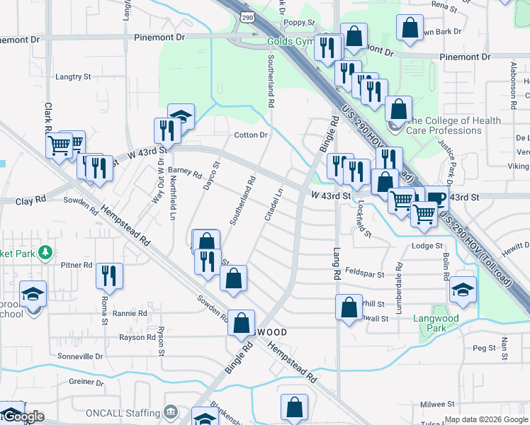 map of restaurants, bars, coffee shops, grocery stores, and more near 4109 Citadel Ln in Houston
