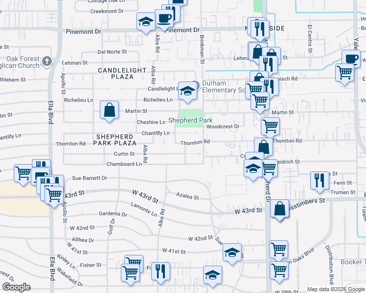 map of restaurants, bars, coffee shops, grocery stores, and more near 971 Thornton Road in Houston
