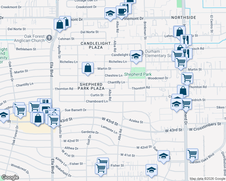 map of restaurants, bars, coffee shops, grocery stores, and more near 1011 Thornton Rd in Houston