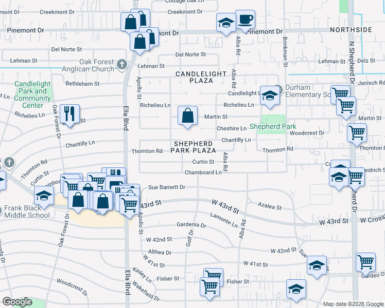 map of restaurants, bars, coffee shops, grocery stores, and more near 1067 Thornton Road in Houston