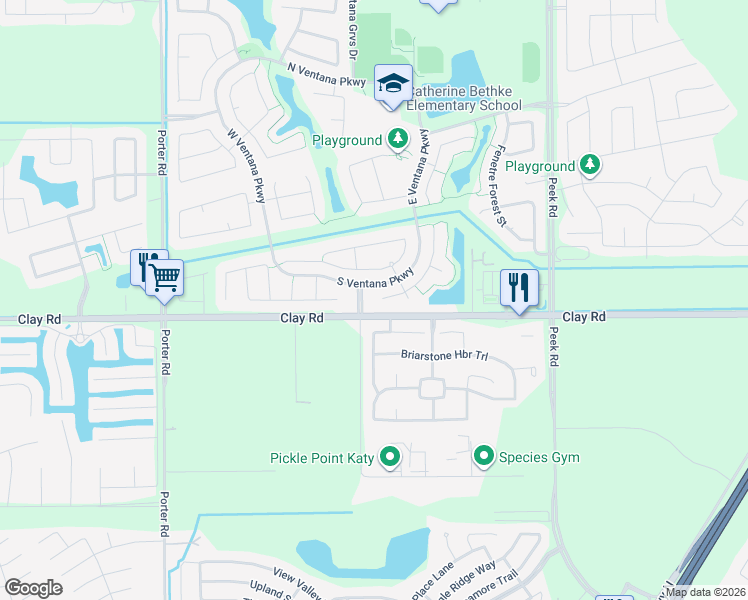 map of restaurants, bars, coffee shops, grocery stores, and more near 23422 Verona View Lane in Katy