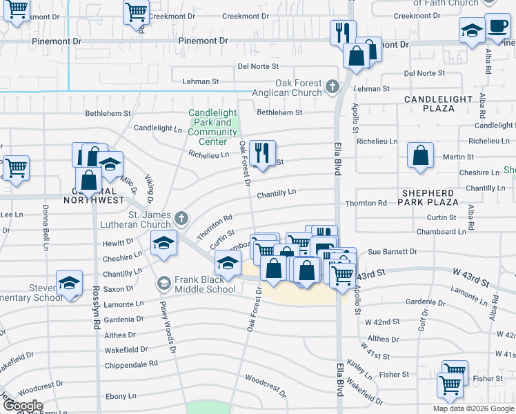map of restaurants, bars, coffee shops, grocery stores, and more near 1346 Thornton Road in Houston