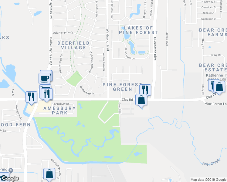 map of restaurants, bars, coffee shops, grocery stores, and more near 18002 Clay Road in Houston