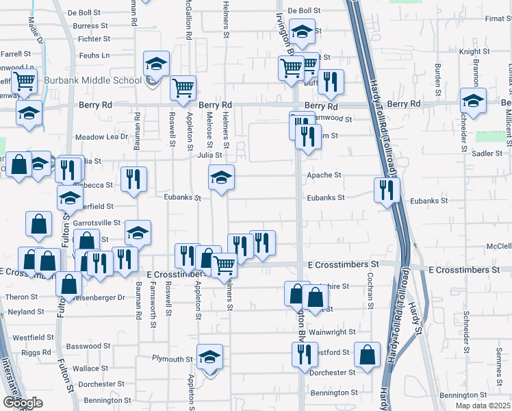 map of restaurants, bars, coffee shops, grocery stores, and more near 624 Eubanks Street in Houston