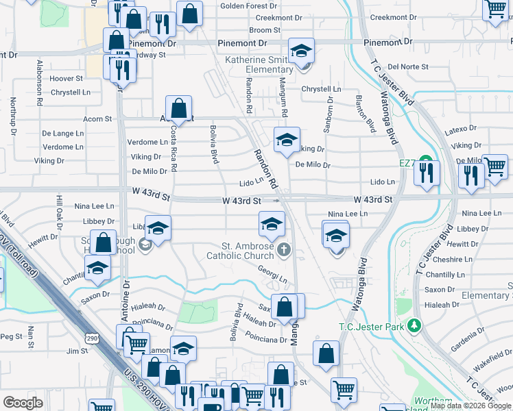 map of restaurants, bars, coffee shops, grocery stores, and more near 5001 West 43rd Street in Houston