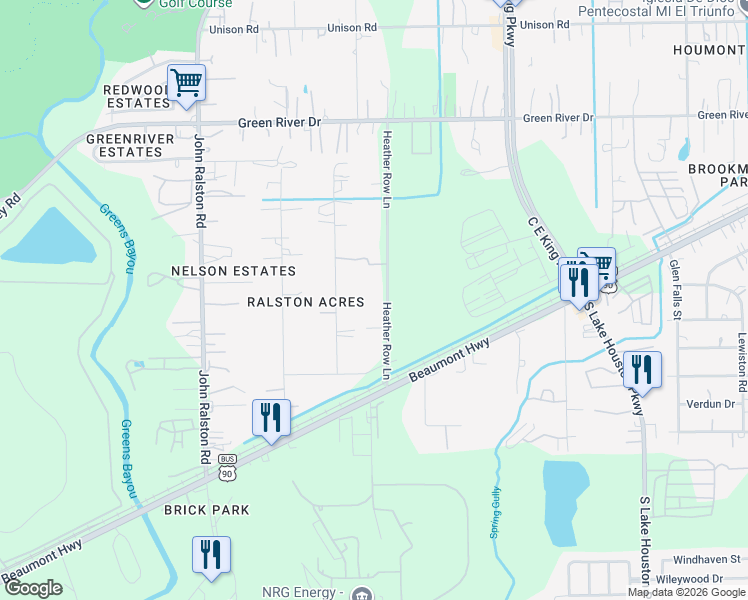 map of restaurants, bars, coffee shops, grocery stores, and more near 7413 Heather Row Lane in Houston