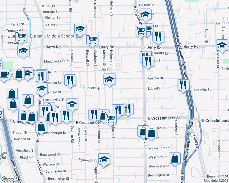map of restaurants, bars, coffee shops, grocery stores, and more near 7720 Helmers Street in Houston