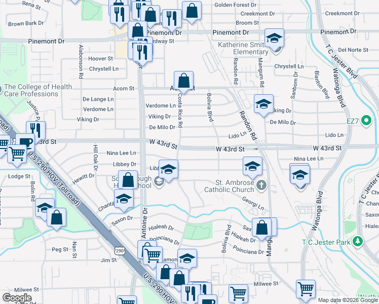 map of restaurants, bars, coffee shops, grocery stores, and more near 5217 West 43rd Street in Houston