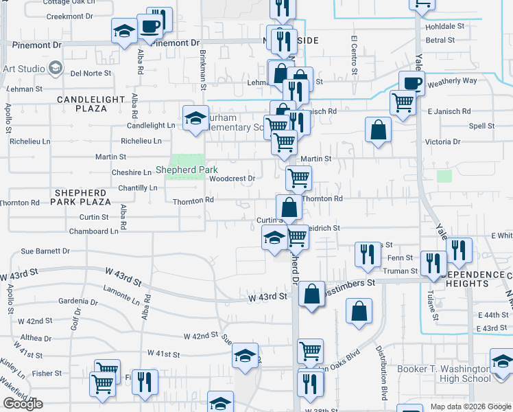 map of restaurants, bars, coffee shops, grocery stores, and more near 814 Curtin Street in Houston