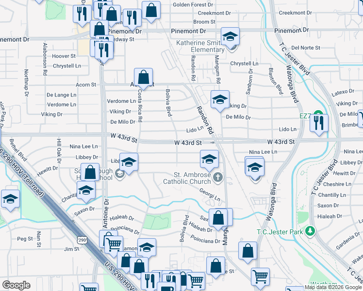 map of restaurants, bars, coffee shops, grocery stores, and more near 5033 West 43rd Street in Houston