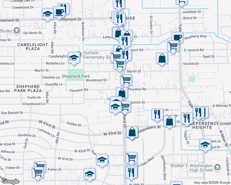 map of restaurants, bars, coffee shops, grocery stores, and more near 4617 North Shepherd Drive in Houston