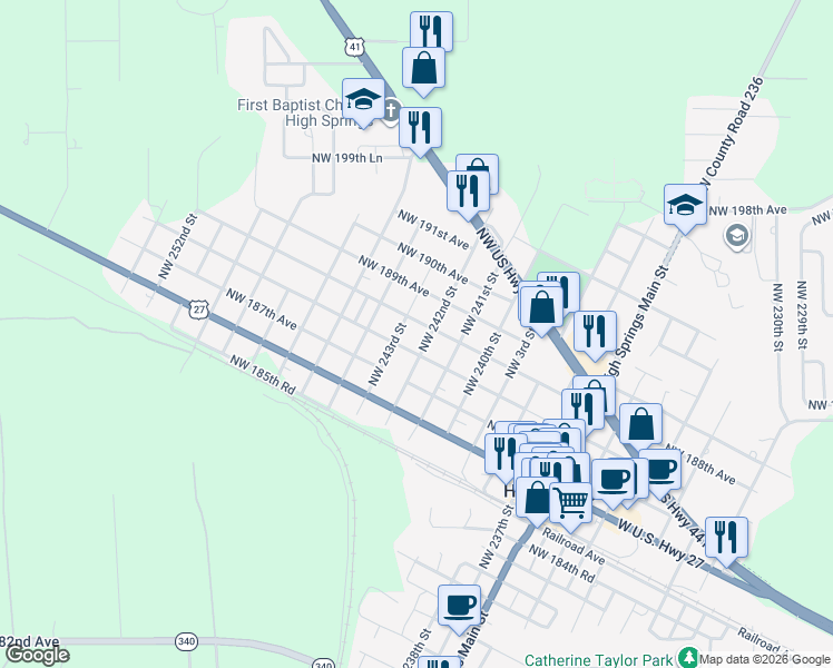 map of restaurants, bars, coffee shops, grocery stores, and more near 605 Northwest 4th Avenue in High Springs