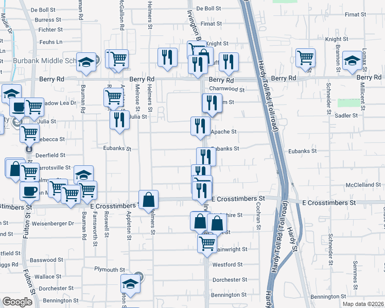 map of restaurants, bars, coffee shops, grocery stores, and more near 736 Eubanks Street in Houston