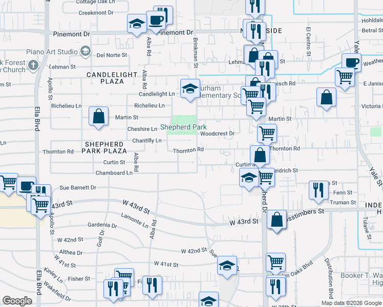 map of restaurants, bars, coffee shops, grocery stores, and more near 942 Curtin Street in Houston